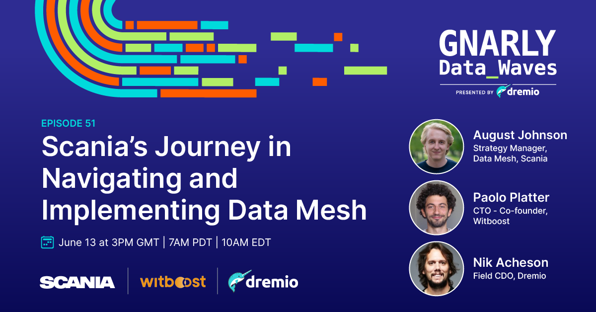 Banner for on-demand webinar: Scania's journey in navigating and implementing data mesh